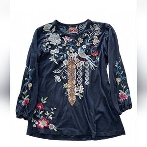 Johnny Was Navy Blue Embroidered Blouse
